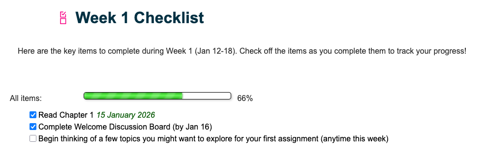 Screenshot of the checklist tool in Moodle from the student perspective