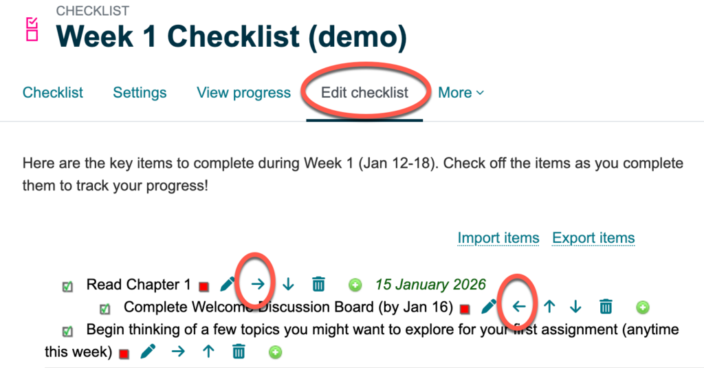 Screenshot of the left and right arrows in the Moodle Checklist tool